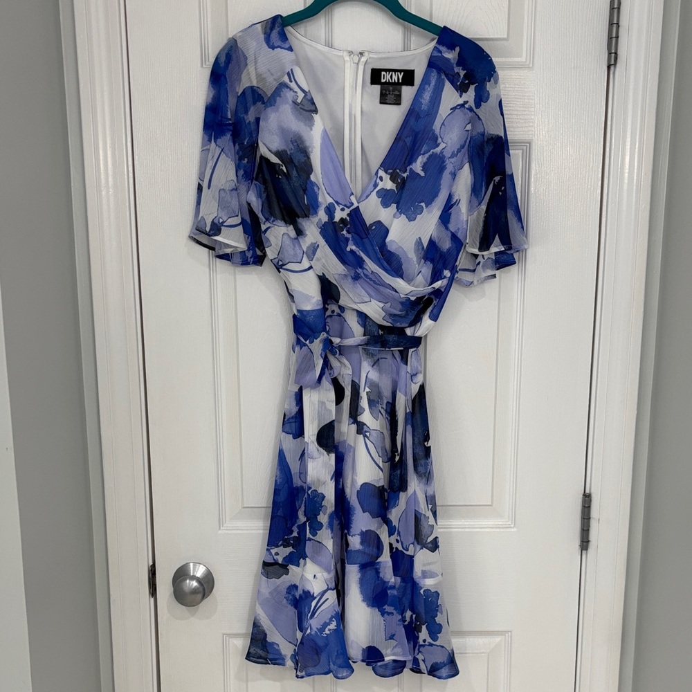 DKNY White and Blue Floral Midi Dress